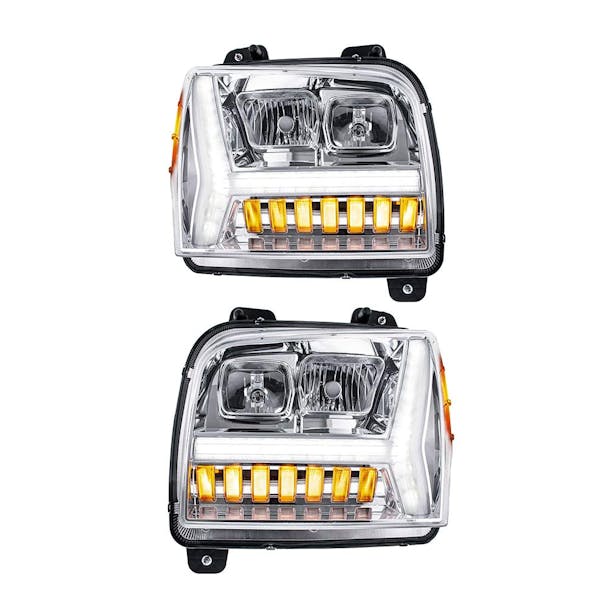 Kenworth W990 Chrome Headlights With LED DRL Light Bar & Turn Signal - Both sides