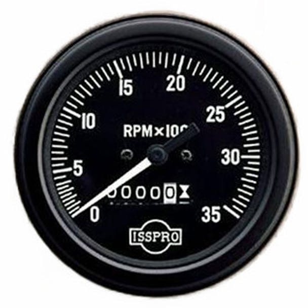 Semi 3 3/8" Mechanical Tachometer Gauge With Hourmeter By ISSPRO - Black and chrome