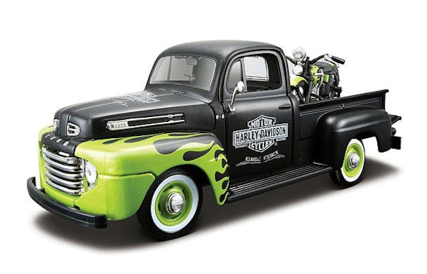 1948 Harley Davidson FL Panhead & 1948 Ford F1 Pickup 1/27 Scale In Dull Black & Green Flames
