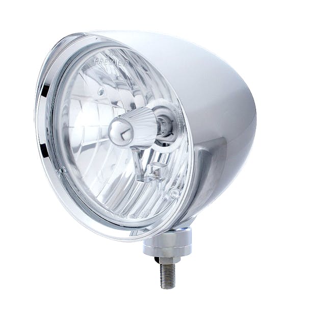 CHOPPER Billet Style Round Chrome Headlight With Crystal H4 Bulb And Smooth Visor