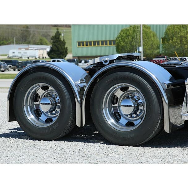 Hogebuilt 100" Stainless Steel Single Axle Ultimate Lowrider Fenders On Truck Close Up Passenger Side View