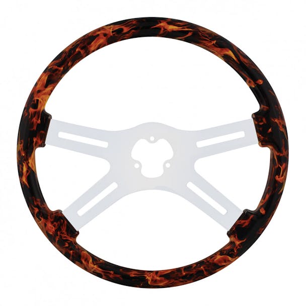 18" Flame Wood 4-Spoke Steering Wheel With Chrome Spokes