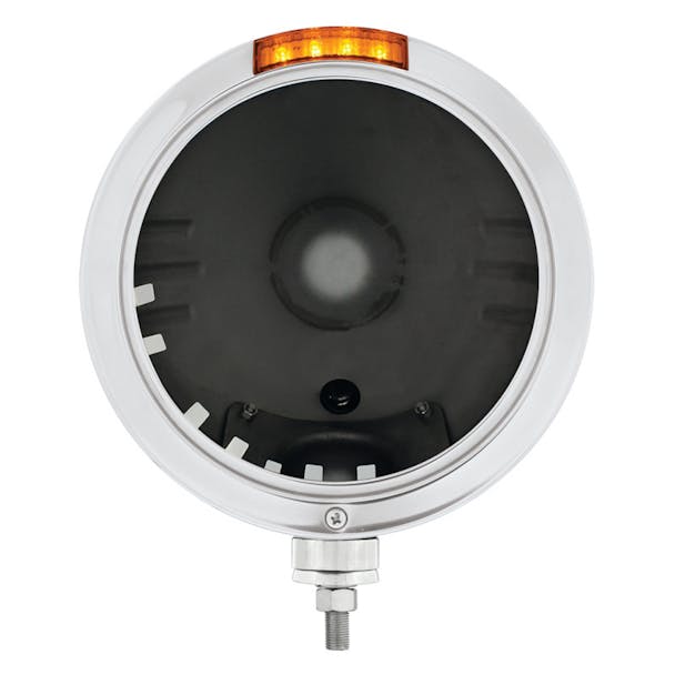 Stainless Steel Bullet Embossed Stripe Peterbilt Style Headlight Housing With 4 Amber LED Turn Signal Amber Lens Front