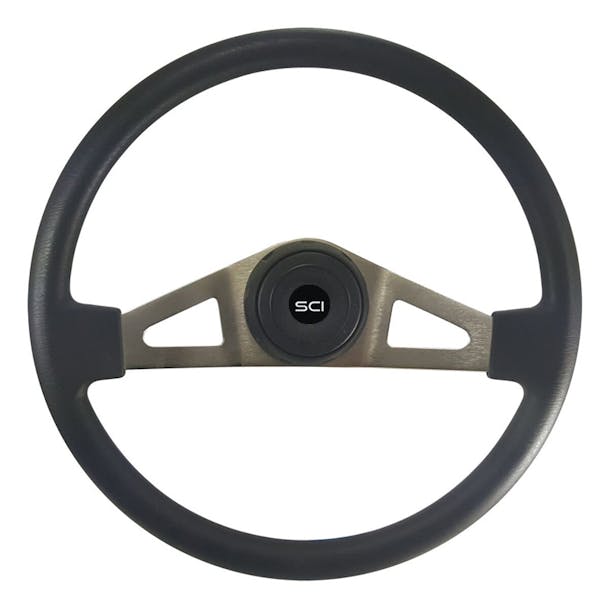 18" Pinion Black Polyurethane Steering Wheel With Brushed Nickel Spokes