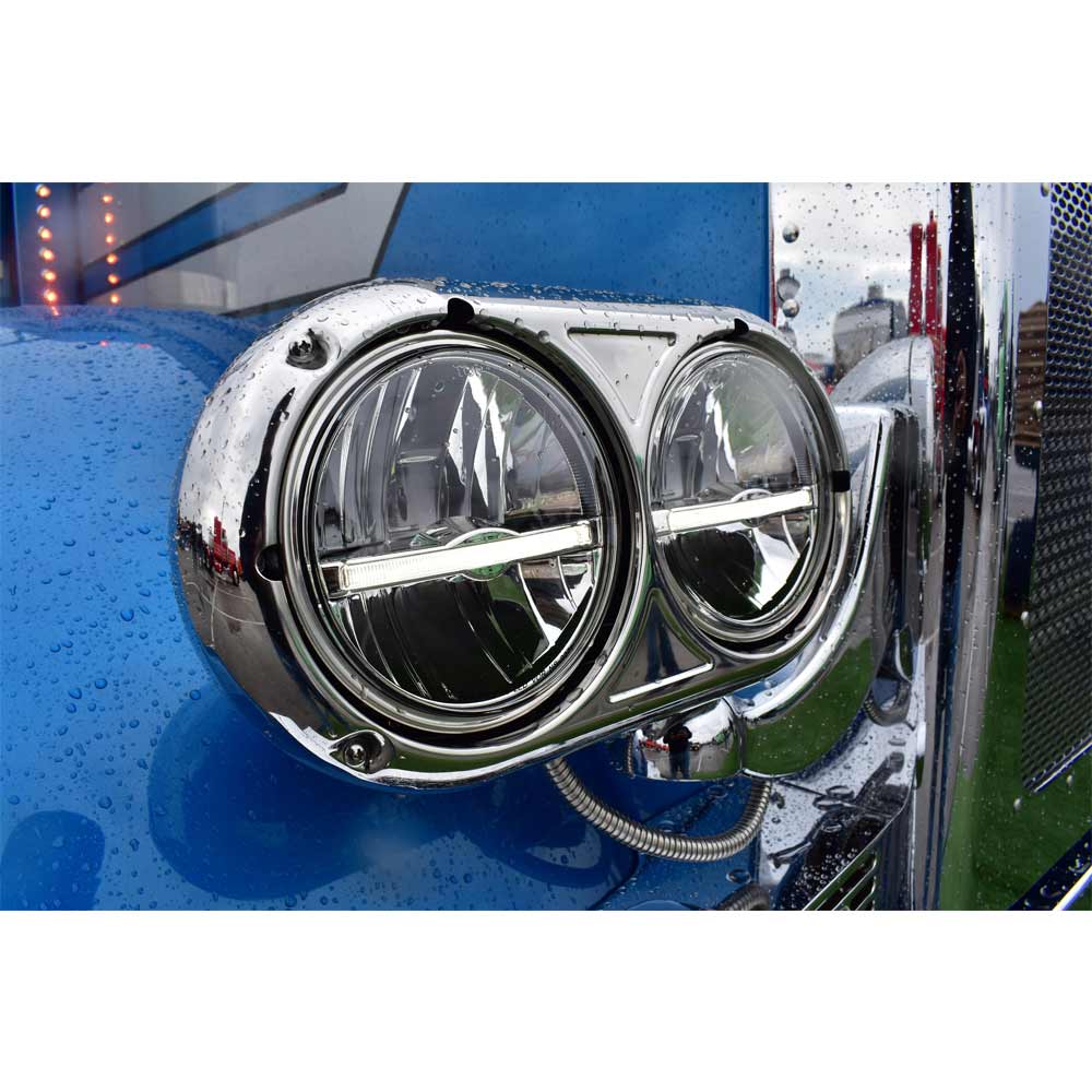 Custom 5 3/4" Lucas Tri Bar Blue Dot Headlight Trim Covers - Set For Chevy Hot Rod