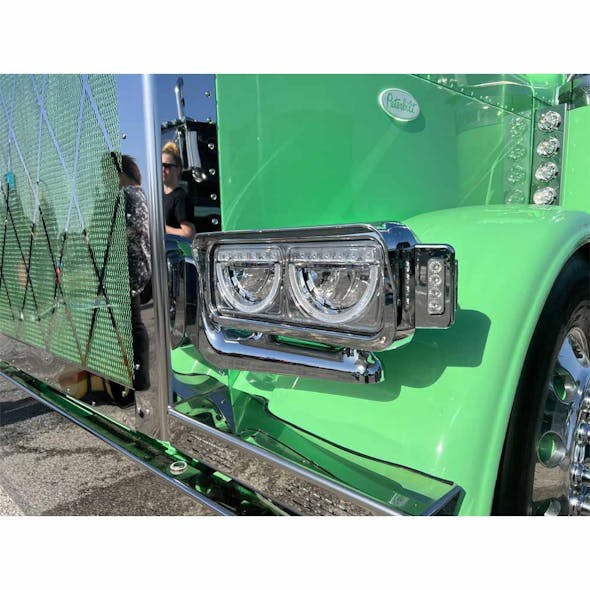 Peterbilt 359 367 379 389 567 589 LED Headlight Assembly with Half Moon DRL Feature and Custom Mounting Arm - Close Green Peterbilt