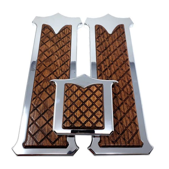 Lifetime Peterbilt Chrome Plated Billet Aluminum Foot Pedal Set With Wooden Inlay 1985 & Newer - Walnut