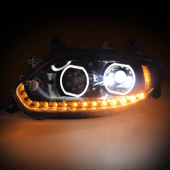 International LT Full LED Blackout Projector Headlight With Halo DRL & Turn Signal Lights On