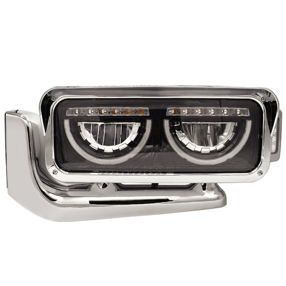 Peterbilt 389 589 Blackout LED Headlight Assembly with Half Moon DRL Feature and Custom Mounting Arm - Driver
