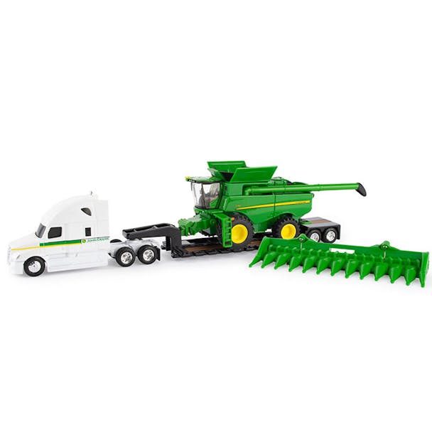 John Deere S780 Combine with Freightliner Cascadia & Lowboy Trailer 1/64 Scale - default