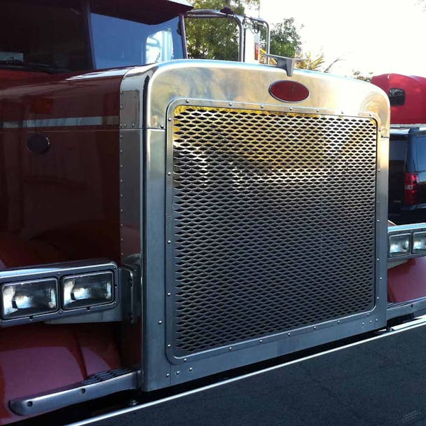 Peterbilt 379 Extended Hood Stainless Steel Small Diamond Grille front angle