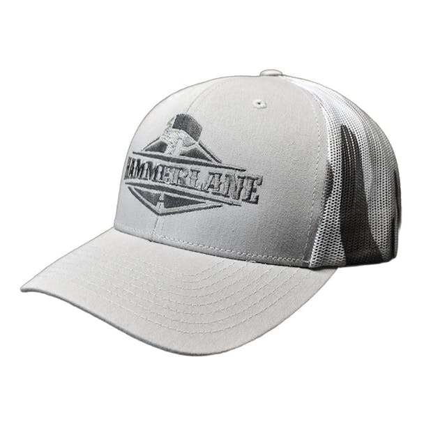 Snapback Camo Grey Silver Hammerlane Hat - front angle