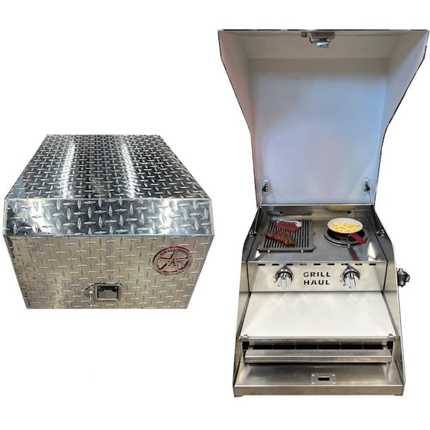 Universal Semi-Truck Portable Propane Cooking Grill - Diamond Plate Grill Open Thumbnail