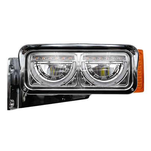 Peterbilt 379 Chrome LED Headlight Assembly With Half Moon DRL and Mounting Arm DRIVER