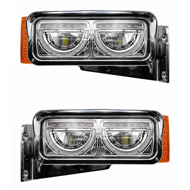Peterbilt 379 Chrome LED Headlight Assembly With Half Moon DRL and Mounting Arm BOTH SIDES